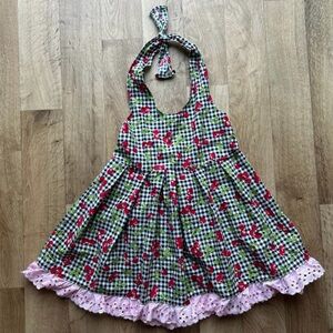 Girls Handmade Cherry Print Halter Dress with Pink Lace Trim